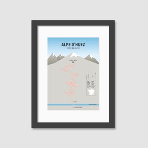 May include: A minimalist illustration of the Alpe d'Huez cycling climb in the French Alps. The illustration shows the winding road up the mountain with elevation markers and a profile of the climb. The text "ALPE D'HUEZ ISERE ALPES" is at the top of the illustration.