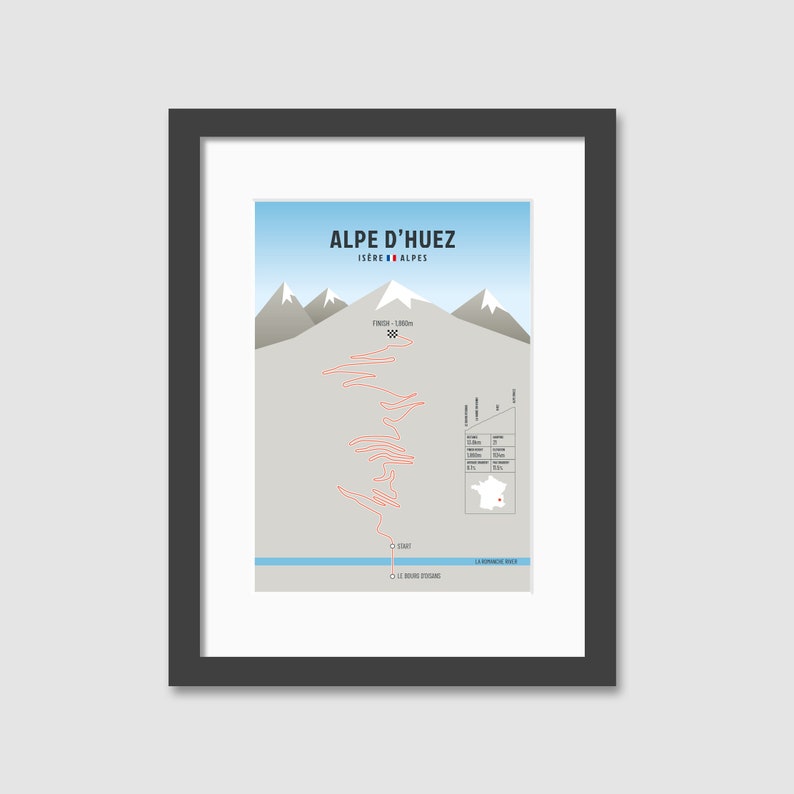 May include: A minimalist illustration of the Alpe d'Huez cycling climb in the French Alps. The illustration shows the winding road up the mountain with elevation markers and a profile of the climb. The text "ALPE D'HUEZ ISERE ALPES" is at the top of the illustration.