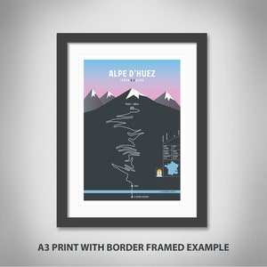 May include: A framed print of a black and white illustration of the Alpe d'Huez mountain pass in France. The illustration shows the winding road up the mountain, with elevation markers and a map of France in the bottom right corner. The title "Alpe d'Huez Isere Alps" is at the top of the print.