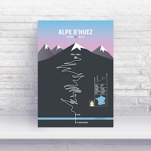 May include: A black and white illustration of the Alpe d'Huez cycling climb in the French Alps. The illustration shows the winding road up the mountain, with elevation markers and the distance to the finish line. The text "ALPE D'HUEZ" and "ISERE ALPS" is at the top of the illustration.
