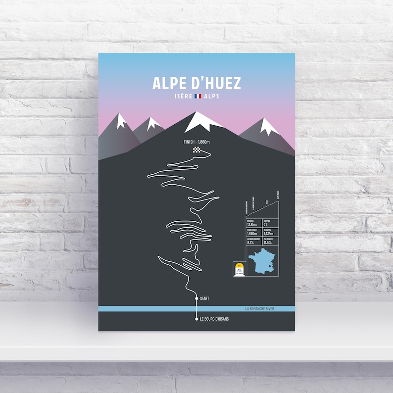 May include: A black and white illustration of the Alpe d'Huez cycling climb in the French Alps. The illustration shows the winding road up the mountain, with elevation markers and the distance to the finish line. The text "ALPE D'HUEZ" and "ISERE ALPS" is at the top of the illustration.