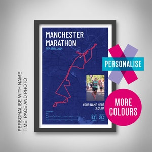 Manchester Marathon Print – Any Year - Personalised Manchester Marathon Gift - Manchester Marathon Map and Photo Print - Running Poster