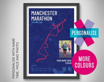 Manchester Marathon Print – Any Year - Personalised Manchester Marathon Gift - Manchester Marathon Map and Photo Print - Running Poster