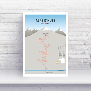 May include: A minimalist style illustration of the Alpe d'Huez cycling climb in the French Alps. The illustration shows the winding road up the mountain with the start and finish points marked. The text "ALPE D'HUEZ" and "IS&Egrave;RE ALPS" is at the top of the illustration.