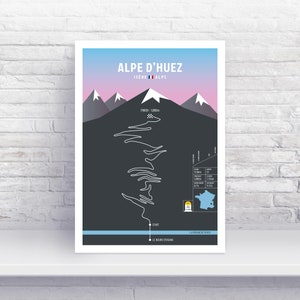 May include: A black and white illustration of the Alpe d'Huez cycling climb in the French Alps. The illustration shows the winding road up the mountain, with elevation markers and the distance to the finish line. The text "ALPE D'HUEZ" and "ISERE ALPS" is at the top of the illustration.