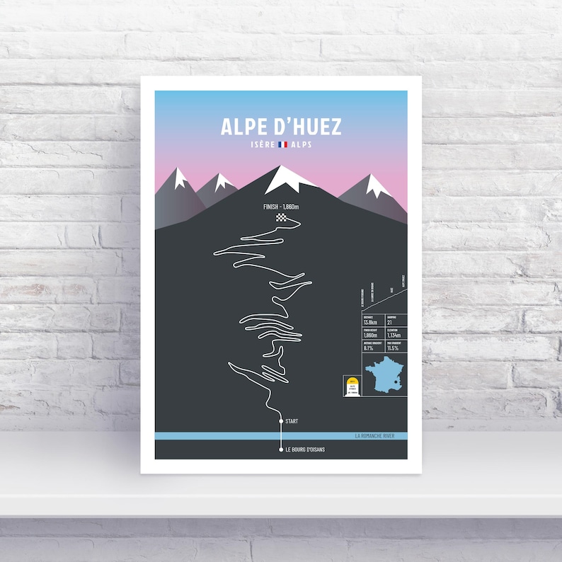 May include: A black and white illustration of the Alpe d'Huez cycling climb in the French Alps. The illustration shows the winding road up the mountain, with elevation markers and the distance to the finish line. The text "ALPE D'HUEZ" and "ISERE ALPS" is at the top of the illustration.