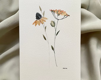 ORIGINAL black eyed susan/yarrow painting, yellow floral artwork, orange and yellow, 5x7 or 8x10 size, wall decor, watercolor art, gift