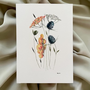 Obra de arte floral en acuarela ORIGINAL de 8x10 o 5x7, decoración de pared, obra de arte botánica, cardo y milenrama, pintura original, obra de arte botánica