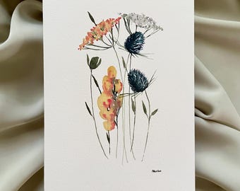 ORIGINAL 8x10 or 5x7 watercolor floral artwork, wall decor, botanical artwork, thistle and yarrow, original painting, botanical artwork