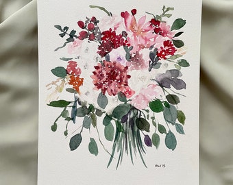 ORIGINAL watercolor floral 8x10 painting, botanical illustration, red, wall art, room decor, bouquet painting, watercolor floral art, floral