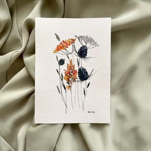 ORIGINAL watercolor floral artwork, 5x7 painting, thistle and yarrow, floral decor, wall art, botanical illustration, thistle, yellow, blue