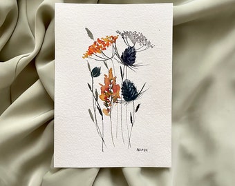 ORIGINAL watercolor floral artwork, 5x7 painting, thistle and yarrow, floral decor, wall art, botanical illustration, thistle, yellow, blue