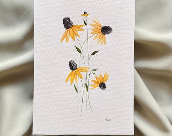 ORIGINAL black-eyed Susan painting, watercolor floral artwork, yellow, spring flower, yellow flower painting, 5x7 or 8x10 size, framable art