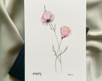 hand painted ORIGINAL poppy artwork, watercolor, 5x7, floral wall decor, framable artwork, poppies, spring florals, gift, red/pink poppy