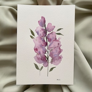 ORIGINAL watercolor lilac painting, 5x7 size, floral painting, wall decor, purple, framable artwork, gift for her, botanical art, lilac art