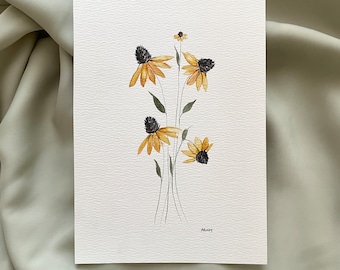 ORIGINAL black-eyed Susan painting, watercolor floral artwork, yellow, spring flower, yellow flower painting, 5x7 or 8x10 size, framable art