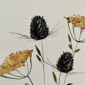 handpainted ORIGINAL floral artwork, dried flowers, watercolor decor, framable art, 8x10, watercolor painting, thistle, brown and yellow image 2