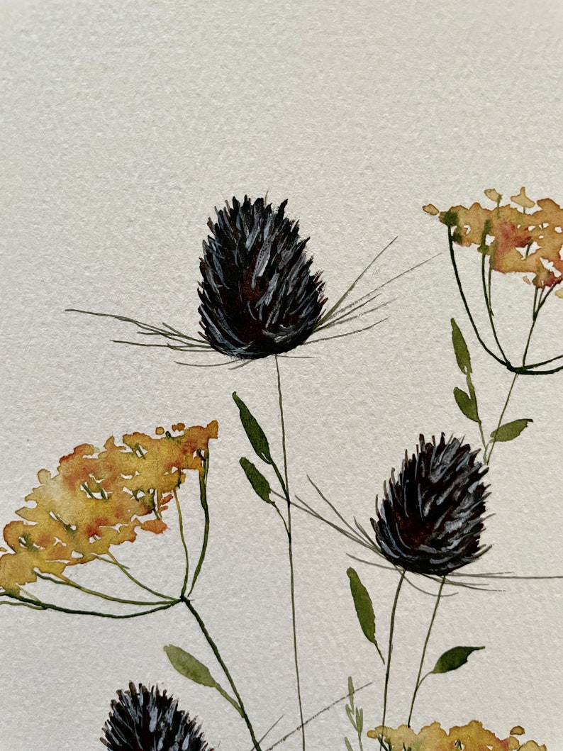 handpainted ORIGINAL floral artwork, dried flowers, watercolor decor, framable art, 8x10, watercolor painting, thistle, brown and yellow image 2