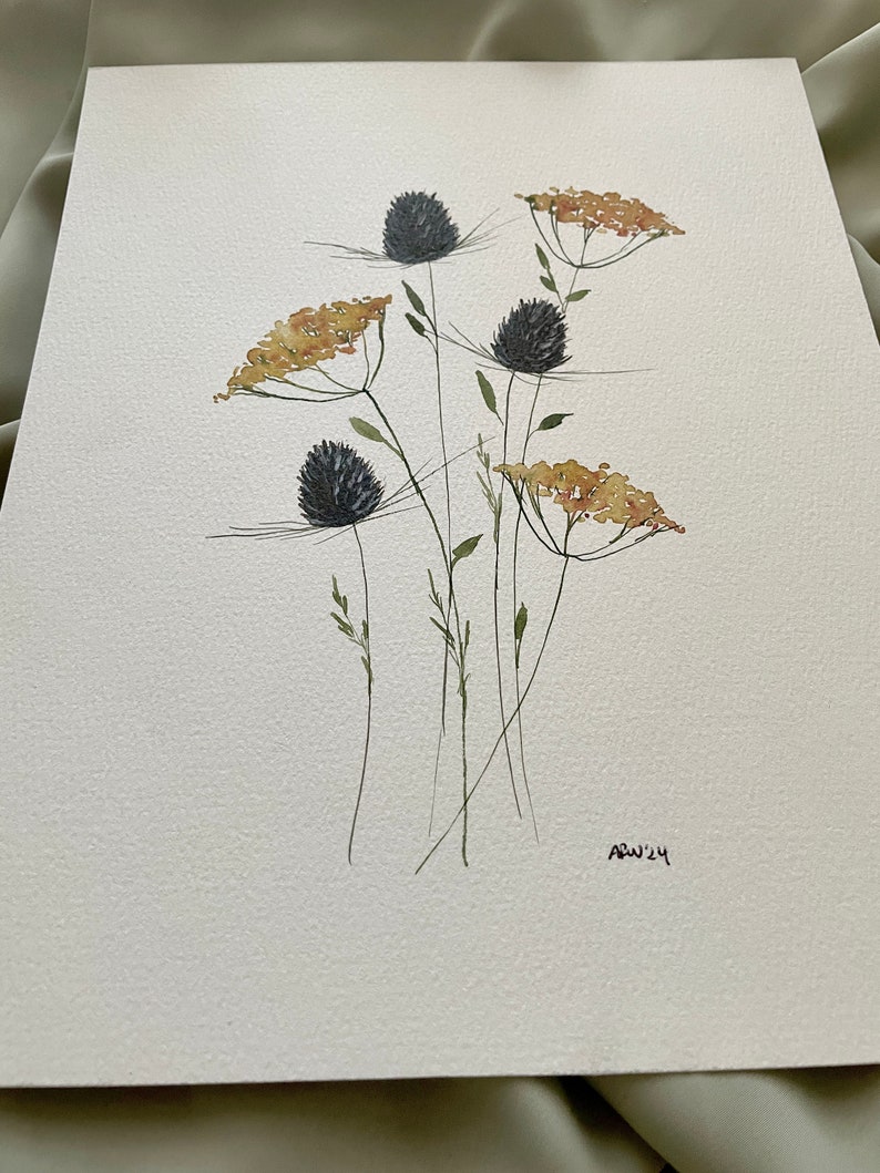 handpainted ORIGINAL floral artwork, dried flowers, watercolor decor, framable art, 8x10, watercolor painting, thistle, brown and yellow image 5