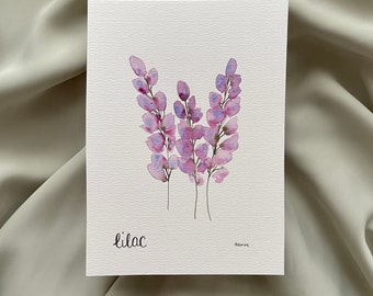 ORIGINAL hand painted lilac watercolor painting, floral artwork, wall decor, framable art, personal gift, 5x7 size, lilacs, purple
