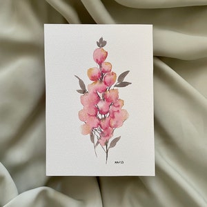 ORIGINAL snapdragon watercolor painting, watercolor florals, 5x7 or 8x10 size, pink wall art, room decor, gift for her, flower artwork