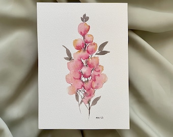 ORIGINAL snapdragon watercolor painting, watercolor florals, 5x7 or 8x10 size, pink wall art, room decor, gift for her, flower artwork