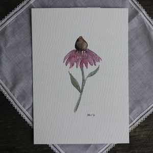 ORIGINAL purple cone flower painting, watercolor floral artwork, 5x7 size, wall decor, framable art, purple, gift, flower painting