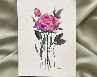 ORIGINAL 6x8 rose painting, watercolor floral art, wall decor, room decor, flower art, pink, gift for her, original painting