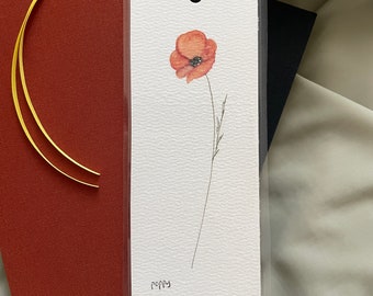 Hand painted, original poppy  bookmark, poppy, floral bookmark, orange watercolor florals, bookmark, reading gift