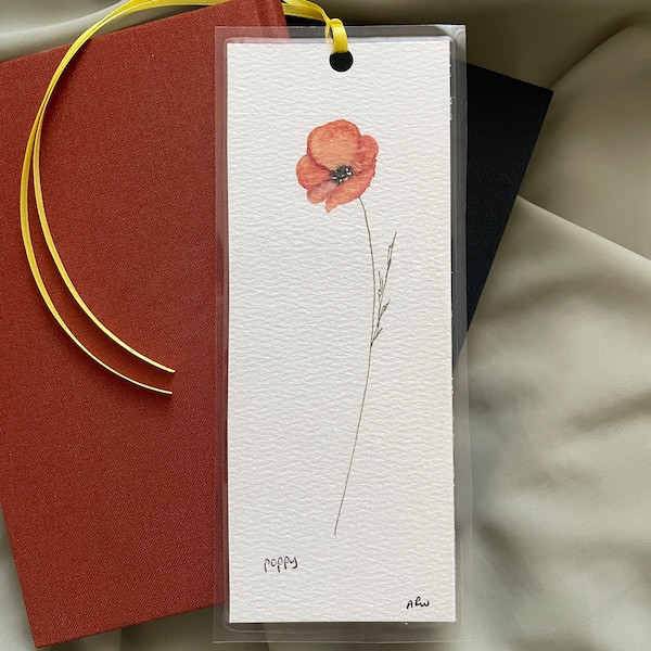 Hand painted, original poppy  bookmark, poppy, floral bookmark, orange watercolor florals, bookmark, reading gift