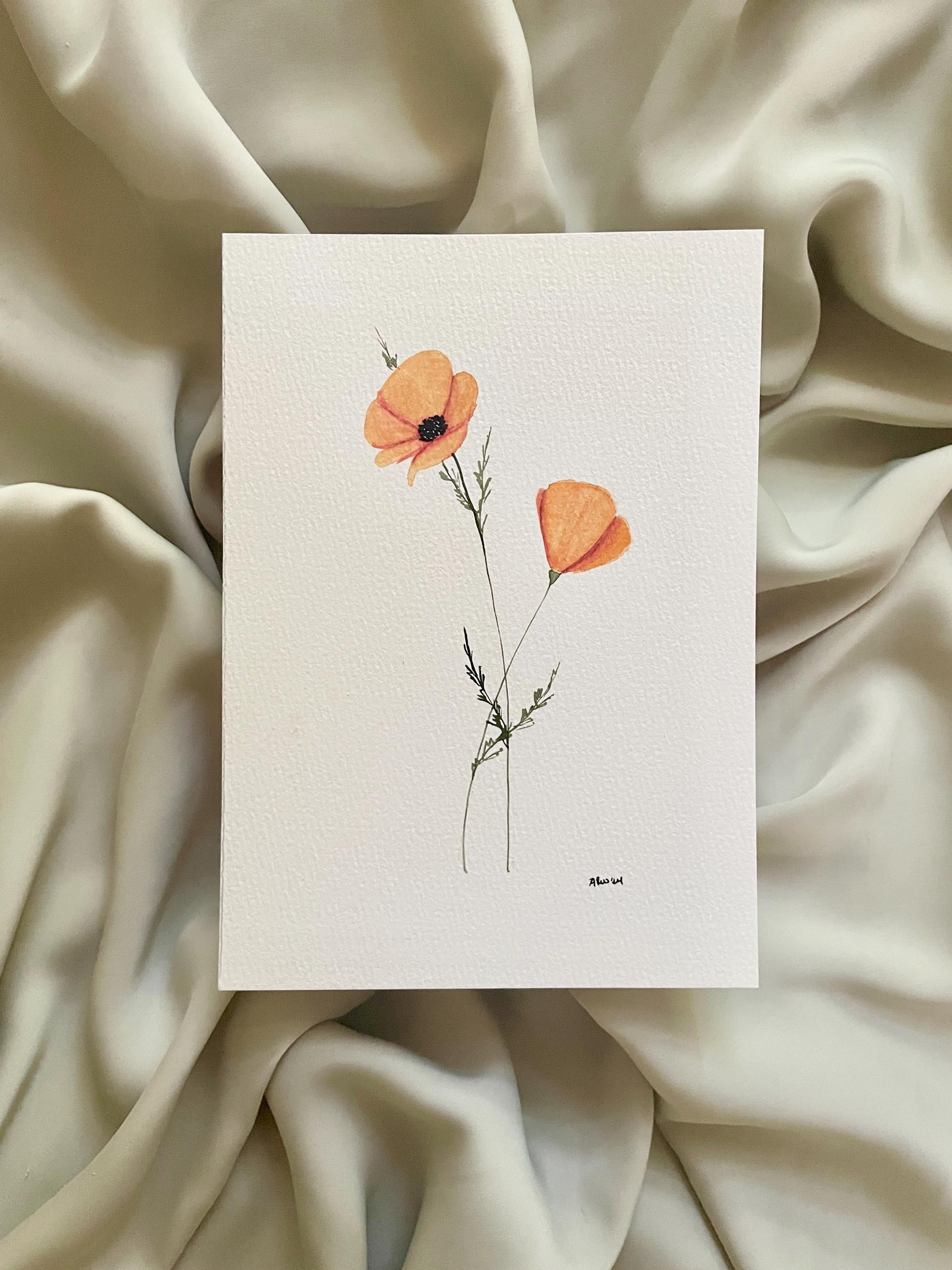 ORIGINAL orange california poppy painting, watercolor floral artwork, 5x7 or 8x10 size, wall decor, botanical artwork, orange, room decor