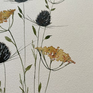 handpainted ORIGINAL floral artwork, dried flowers, watercolor decor, framable art, 8x10, watercolor painting, thistle, brown and yellow image 4