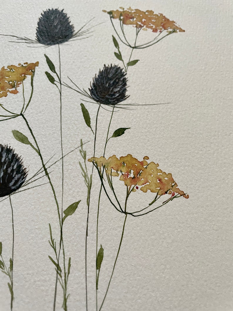 handpainted ORIGINAL floral artwork, dried flowers, watercolor decor, framable art, 8x10, watercolor painting, thistle, brown and yellow image 4