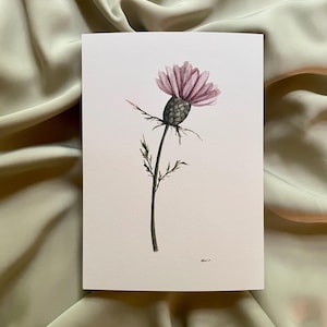 5x7 watercolor thistle painting purple flowers gift for her watercolor art botanical illustration room decor framable art purple painting