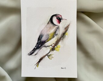 ORIGINAL 5x7 watercolor European Goldfinch painting, bird painting, watercolor art, wall art, room decor, bird painting, gift for bird lover