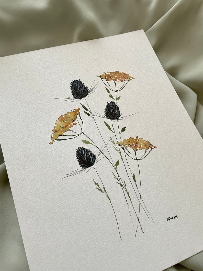 handpainted ORIGINAL floral artwork, dried flowers, watercolor decor, framable art, 8x10, watercolor painting, thistle, brown and yellow image 3