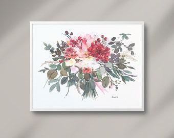 CUSTOM watercolor wedding bouquet portrait, floral artwork, framable art, gift for her, wall decor, anniversary/wedding gift,