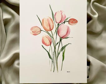 ORIGINAL 8x10 watercolor tulip artwork, wall decor, botanical painting, tulip art, original painting, botanical artwork, floral art, orange