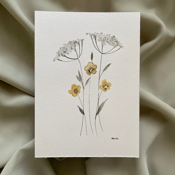 ORIGINAL Queen Anne's Lace/ buttercup painting, 5x7 or 8x10 size, wall decor, floral artwork, gift, room decor, yellow and white, flowers