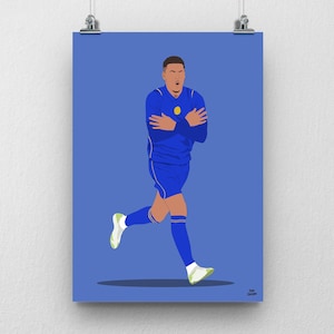 May include: A digital art print featuring a soccer player in a blue jersey and shorts with white socks and shoes, running with arms crossed over the chest. The player is set against a solid blue background with the text Dan Designs in the corner.