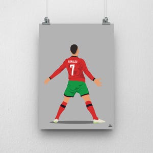 May include: A vertical poster featuring a stylized illustration of a soccer player seen from behind, wearing a red long-sleeve jersey with the name RONALDO and the number 7 in white, green shorts, and red socks with white soccer cleats on a gray background.