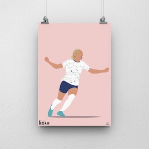May include: A digital illustration of a female football player in a white jersey with blue accents, blue shorts, and white socks. The player is celebrating a goal with her arms raised and a smile on her face. The background is a light pink colour. The text "Trinity RODMAN" is in the lower left corner of the image.