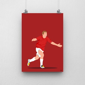 May include: A minimalist digital illustration of a soccer player in a red jersey and white shorts, captured in a running celebration pose with arms outstretched. The figure is set against a solid deep red background, rendered in a flat graphic style.