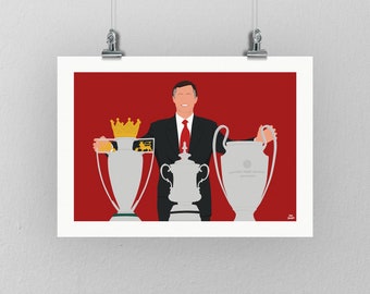 Sir Alex Ferguson Treble Trophy Print - Man Utd Football Poster