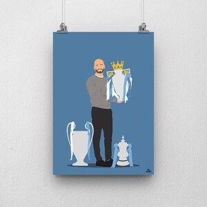 May include: A digital illustration of a man holding a silver trophy with a gold crown on top. The trophy is surrounded by blue and white ribbons. There are two smaller trophies on the ground, one on the left and one on the right. The background is a solid blue color.