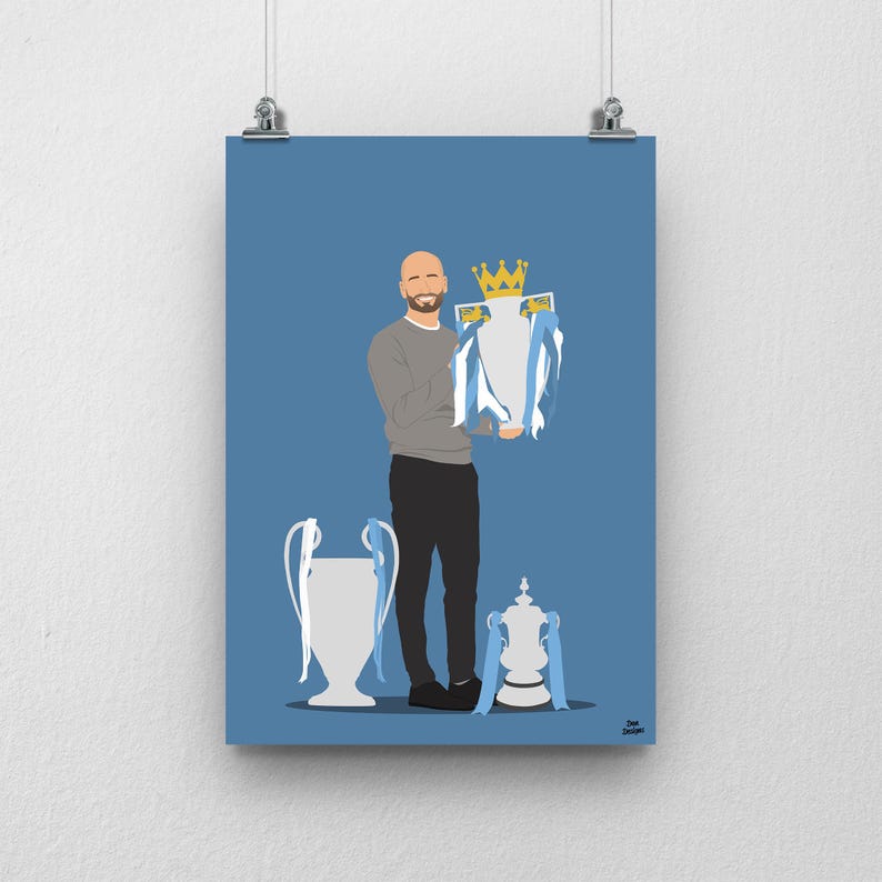 May include: A digital illustration of a man holding a silver trophy with a gold crown on top. The trophy is surrounded by blue and white ribbons. There are two smaller trophies on the ground, one on the left and one on the right. The background is a solid blue color.