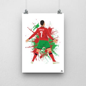 May include: A vertical poster featuring a soccer player seen from behind, wearing a red jersey with the name RONALDO and number 7 in white, and green shorts. The figure is set against a vibrant red and green paint splatter background.