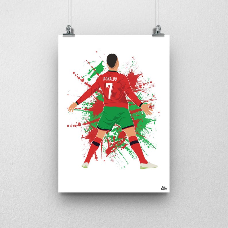 May include: A vertical poster featuring a soccer player seen from behind, wearing a red jersey with the name RONALDO and number 7 in white, and green shorts. The figure is set against a vibrant red and green paint splatter background.