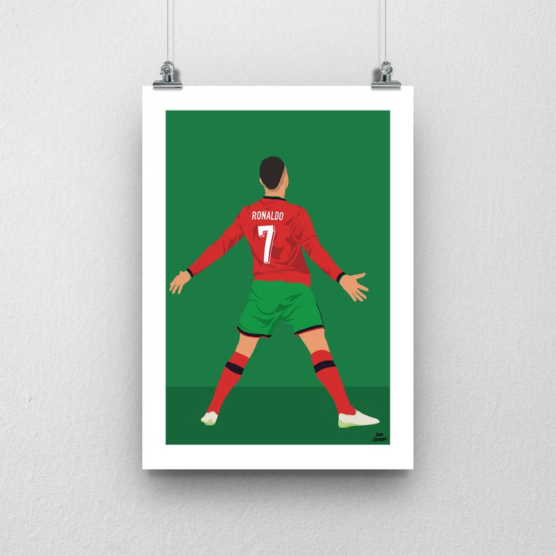 May include: A vertical wall art print featuring a stylized illustration of a soccer player seen from behind. The player wears a red long-sleeve jersey with the name RONALDO and the number 7 in white, green shorts, and red socks on a green background.