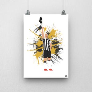 May include: A black and white illustration of a soccer player raising their arm in celebration. The player is wearing a black and white striped jersey and black shorts. The background is a splatter of gold and black paint.